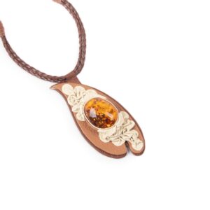 Ādas kaklarota ar dzintaru, brūna