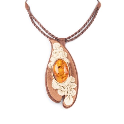 Ādas kaklarota ar dzintaru, brūna