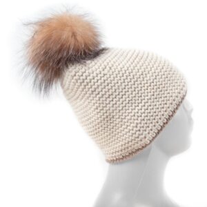 Adīta vilnas cepure ar kažokādas bumbuli, dubulta odere, bēša