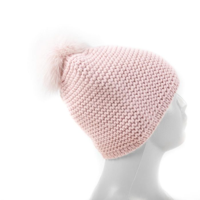 Adīta vilnas cepure ar kažokādas bumbuli, dubulta odere, rozā