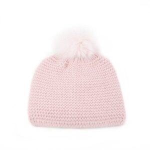 Adīta vilnas cepure ar kažokādas bumbuli, dubulta odere, rozā
