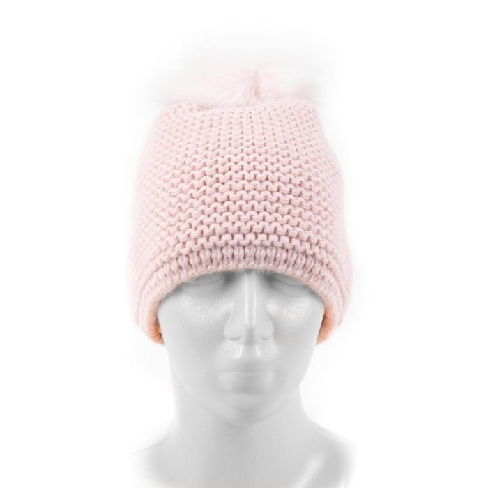 Adīta vilnas cepure ar kažokādas bumbuli, dubulta odere, rozā