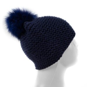 Adīta vilnas cepure ar kažokādas bumbuli, jūras zila