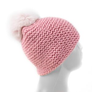 Adīta vilnas cepure ar kažokādas bumbuli, rozā