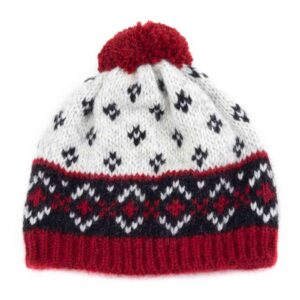 Adīta vilnas cepure ar rakstu un bumbuli, balta