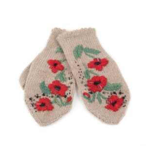 Adīts alpakas un Ūdeļu pūkas komplekts – cepure un dūraiņi ar ziedu motīvu, bēšs