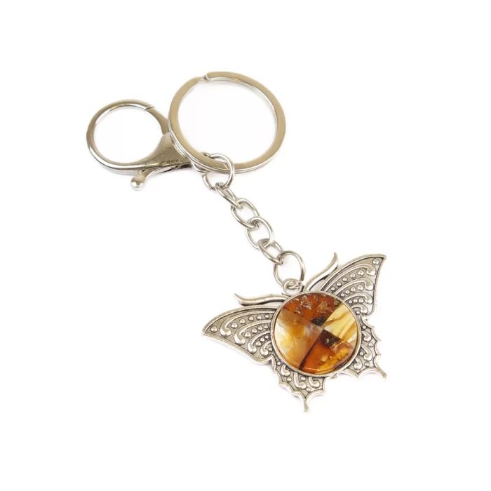 Atslēgu piekariņš ar dzintaru, taurenis, 9.5 cm