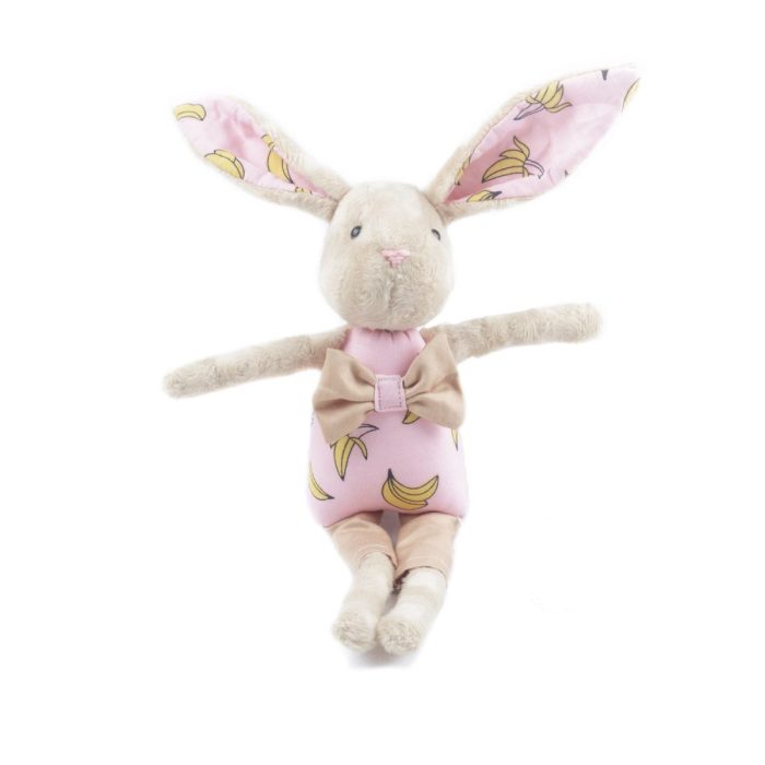 Bērnu rotaļlieta – bēšs zaķītis kostīmā ar banāniem, 29 cm