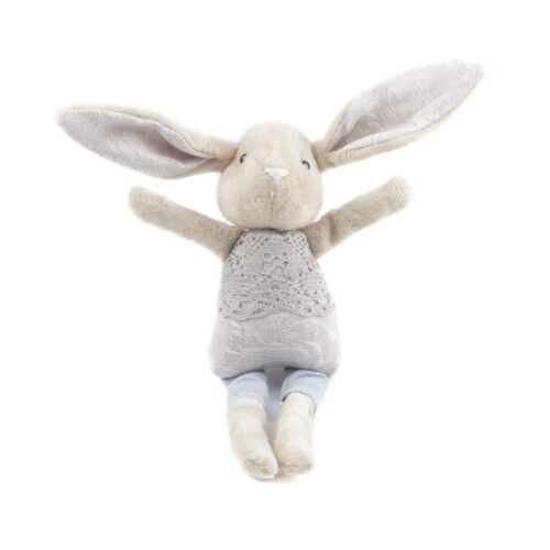 Bērnu rotaļlieta – bēšs zaķītis krāsainā kostīmā, 28 cm