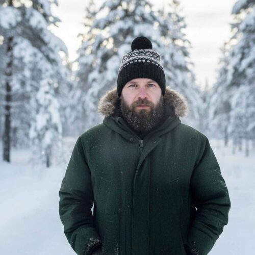 Adīta vilnas cepure ar rakstu un bumbuli, atlokāma mala, melna