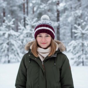 Adīta vilnas cepure ar rakstu un bumbuli, atlokāma mala, daudzkrāsu