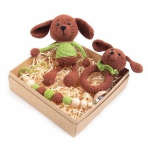 Dāvanu komplekts zīdaiņiem - grabulis, knupīšu turētājs, manta