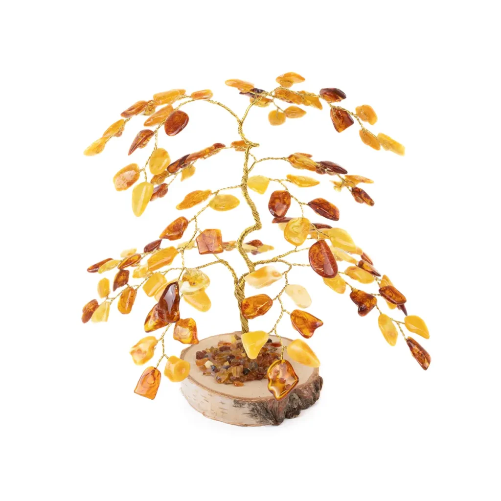 Dzintara naudas koks uz bērza ripas, 16 cm