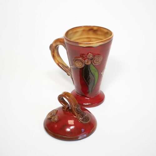 Keramikas krūze ar vāciņu, ziedu tematika, sarkana, 300 ml