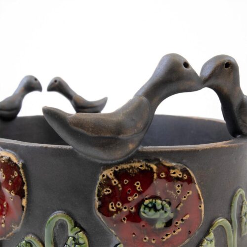 Keramikas trauks ar magonēm un putniem, pelēcīgi melns, 21×16 cm