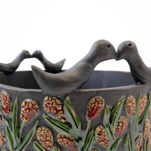 Keramikas trauks ar magonēm un putniem, pelēcīgi melns, 21×16 cm