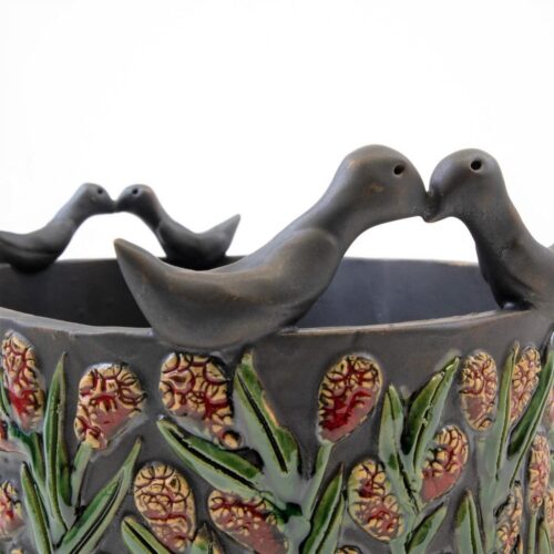 Keramikas trauks ar magonēm un putniem, pelēcīgi melns, 21×16 cm