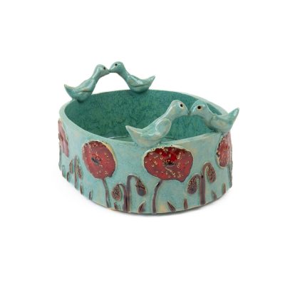 Keramikas trauks ar magonēm un putniem, tirkīza, 20×16 cm