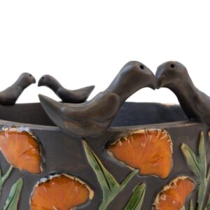 Keramikas trauks ar oranžiem ziediem un putniem, pelēcīgi melns, 23×16 cm