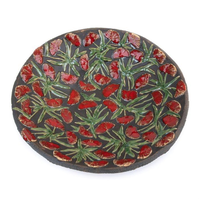 Keramikas trauks ar sarkaniem ziediem, pelēcīgi melns, ⌀28 cm