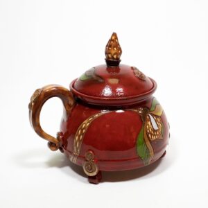 Keramikas trauks ar vāciņu un rokturi, ziedu motīvs, sarkans, ⌀ 12 cm