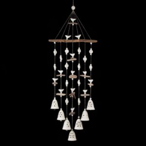 Keramikas vēja zvani, ziedu motīvs, balti, 7 zvani