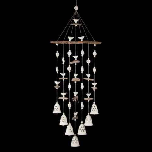 Keramikas vēja zvani, ziedu motīvs, balti, 7 zvani