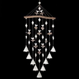 Keramikas vēja zvani, ziedu motīvs, balti, 9 zvani