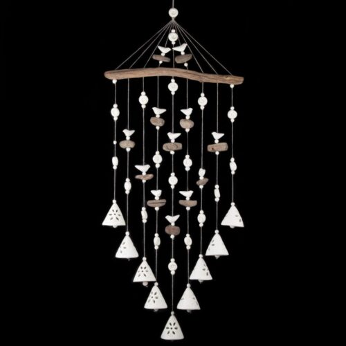 Keramikas vēja zvani, ziedu motīvs, balti, 9 zvani