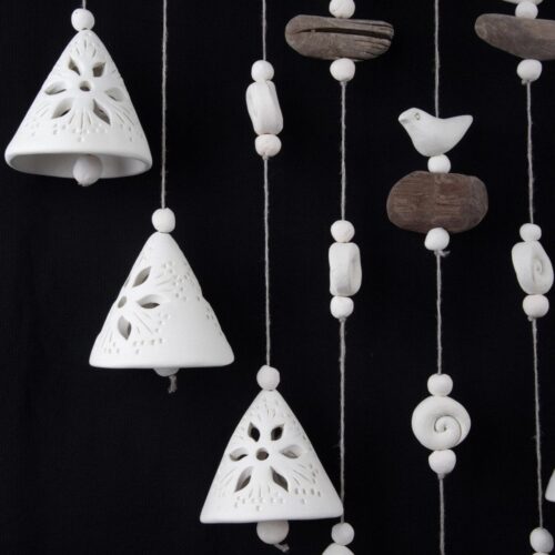 Keramikas vēja zvani, ziedu motīvs, balti, 9 zvani