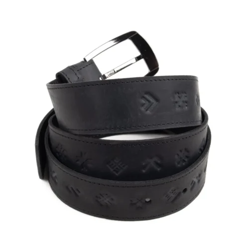 Ādas josta ar etnogrāfiskajām zīmēm, melna