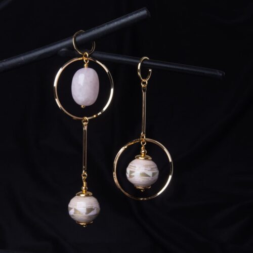 Papīra auskari ar rozā kvarcu, asimetriski stienīši