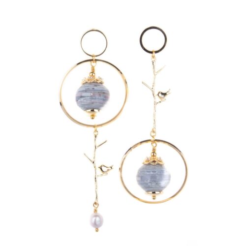 Papīra auskari ar upes pērli un putniem, asimetriski