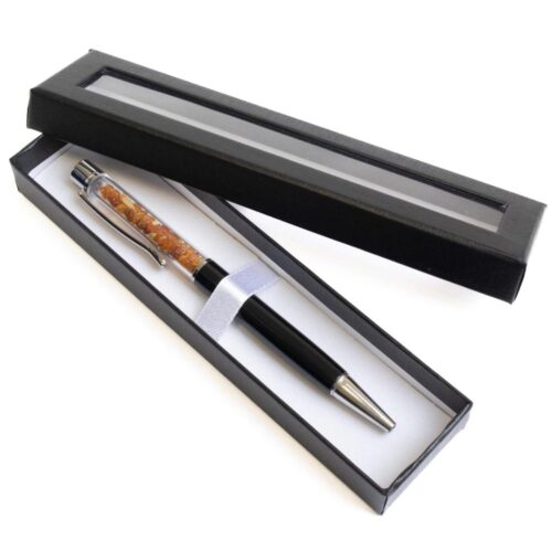 Pildspalva ar dzintara gabaliņiem, melnas un sudraba krāsas detaļas, dāvanu kastē