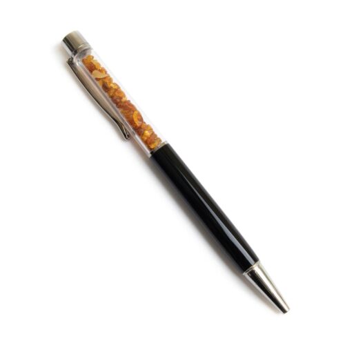 Pildspalva ar dzintara gabaliņiem, melnas un sudraba krāsas detaļas, dāvanu kastē