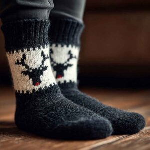 Adītas vilnas zeķes ar briežu tematiku, melnas