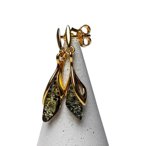 Sudraba auskari lāsītes ar zaļganu dzintaru, apzeltīti