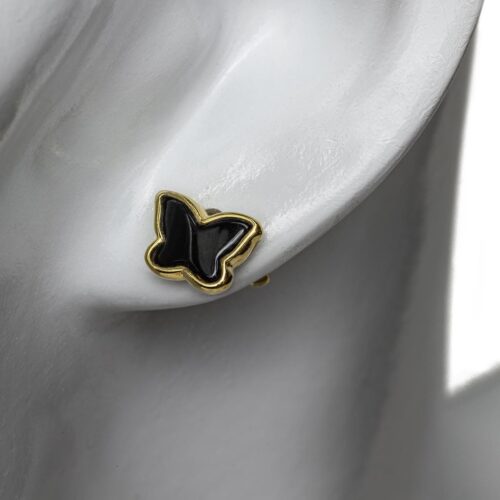 Sudraba auskari taurenīši ar tumši brūnu dzintaru, apzeltīti