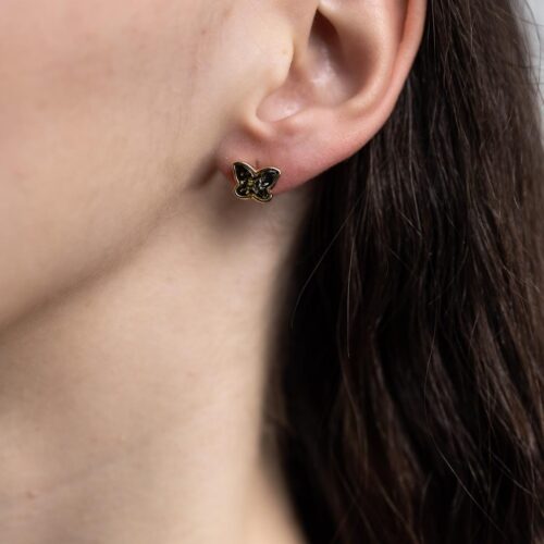 Sudraba auskari taurenīši ar zaļganu dzintaru, apzeltīti