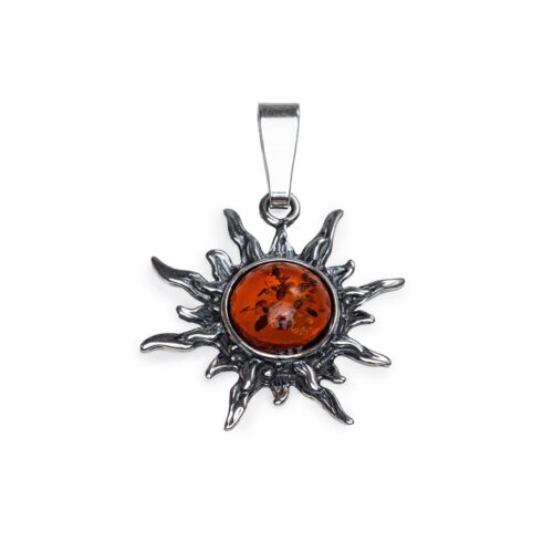Sudraba kulons saulītes formā ar oranžu dzintara gabaliņu