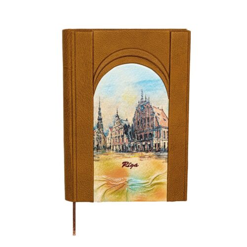 Piezīmju grāmata dabīgās Ādas vākos, rĪga, melngalvju nams, gaiši brūna, 15 x 21 cm