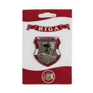 Nozīmīte emblēmas formā ar rīgas skatu un melno kaķi, riga