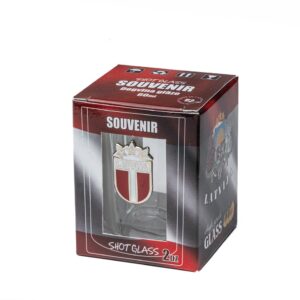 Stikla glāzīte suvenīrs ar metāla emblēmu latvijas karogs, latvija, 60 ml