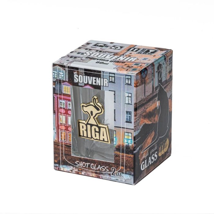Stikla glāzīte suvenīrs ar metāla emblēmu melnais kaķis, riga, 60 ml