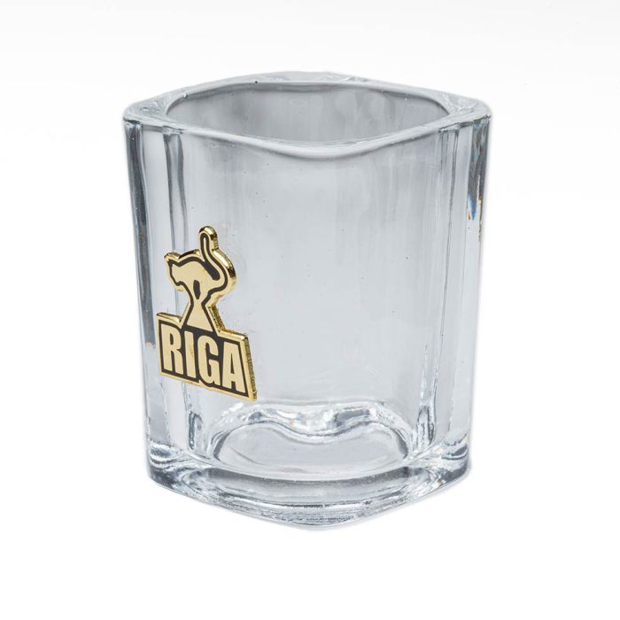 Stikla glāzīte suvenīrs ar metāla emblēmu melnais kaķis, riga, 60 ml