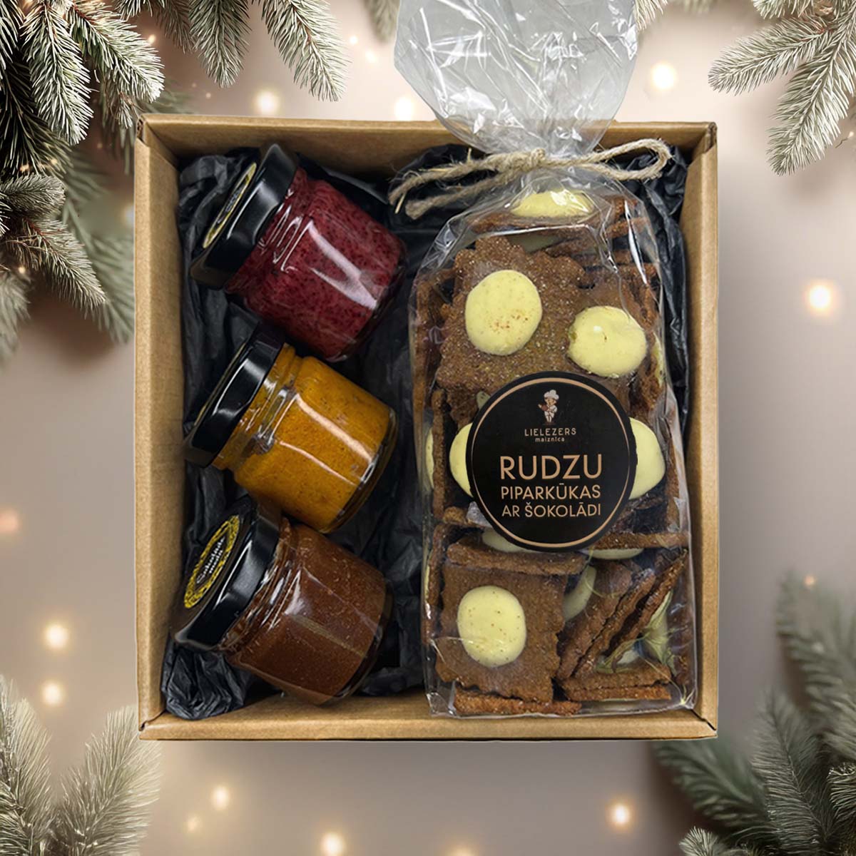 Ziemassvētku dāvanu komplekts – garšīgas rudzu piparkūkas, Šokolāde medū, upenes medū un smiltsērkšķi krēmveida medū