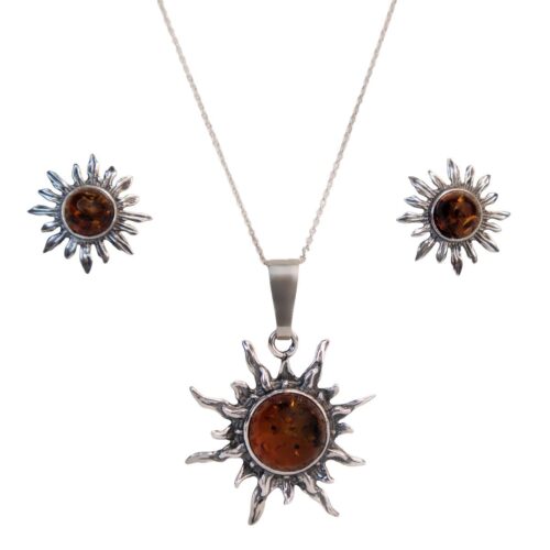 Sudraba rotu komplekts “saulīte” ar oranžu dzintaru