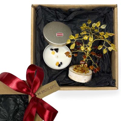 Dāvanu komplekts – dzintara naudas koks un aroma svece