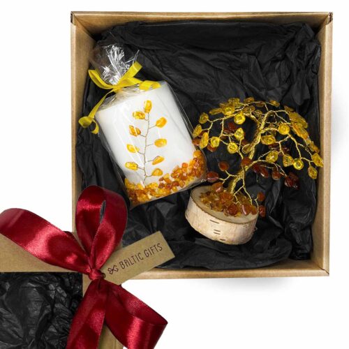 Dāvanu komplekts – dzintara kociņš, pildspalva, svece