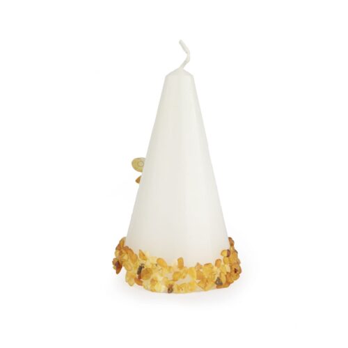 dzintara-svece-balta-dzeltena-dzintara-lapinas-1jpg Svece ar dzintara gabaliņiem, konusa, balta